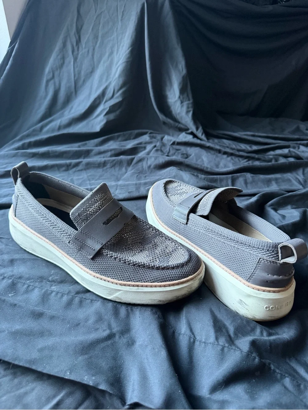 Cole Haan Men's Gray Knit Slip-On Loafers with White Platform Sole